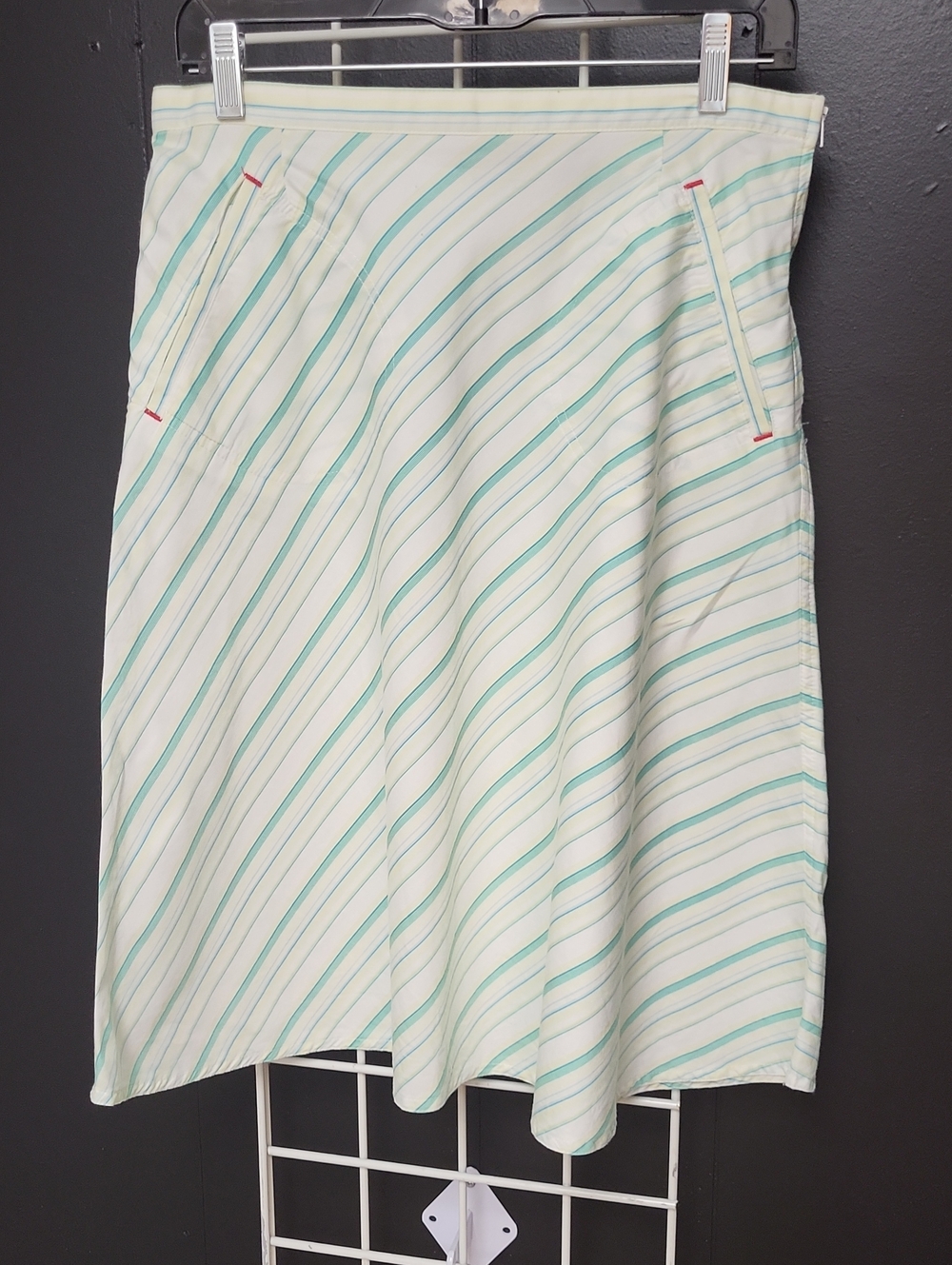 i.e. Relaxed Diagonal Stripe A-Line Skirt in Pale Green,Yellow and White, Size 8